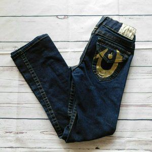 True Religion Dark Wash Billy Metallic Gold Straight Leg Jeans - Size 26